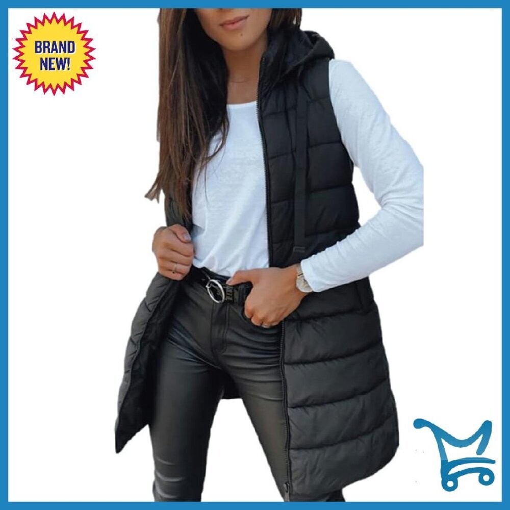 Long Hooded Puffer Vest Sleeveless Lightweight Polyester Women's Winter